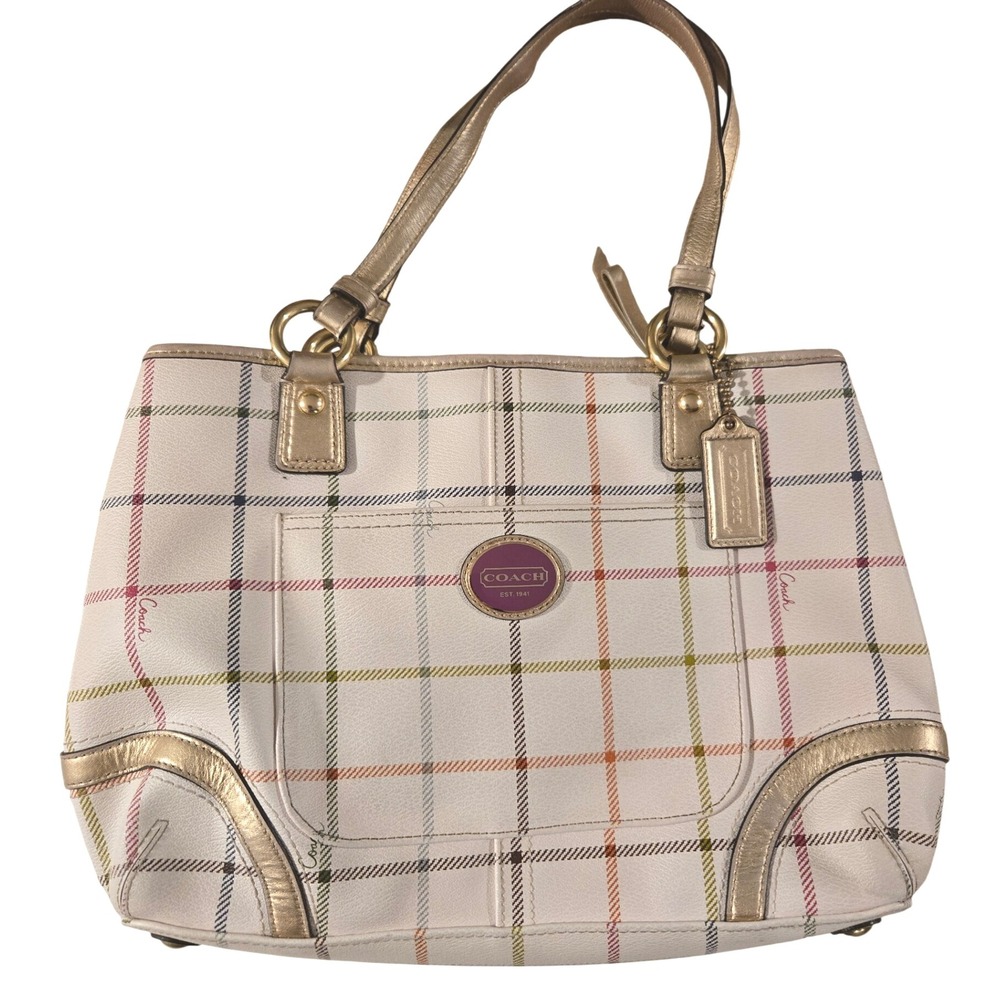 VTG Y2K Coach Tartan Plaid Tote‎ Bag White Gold Leather Trim Multi Color